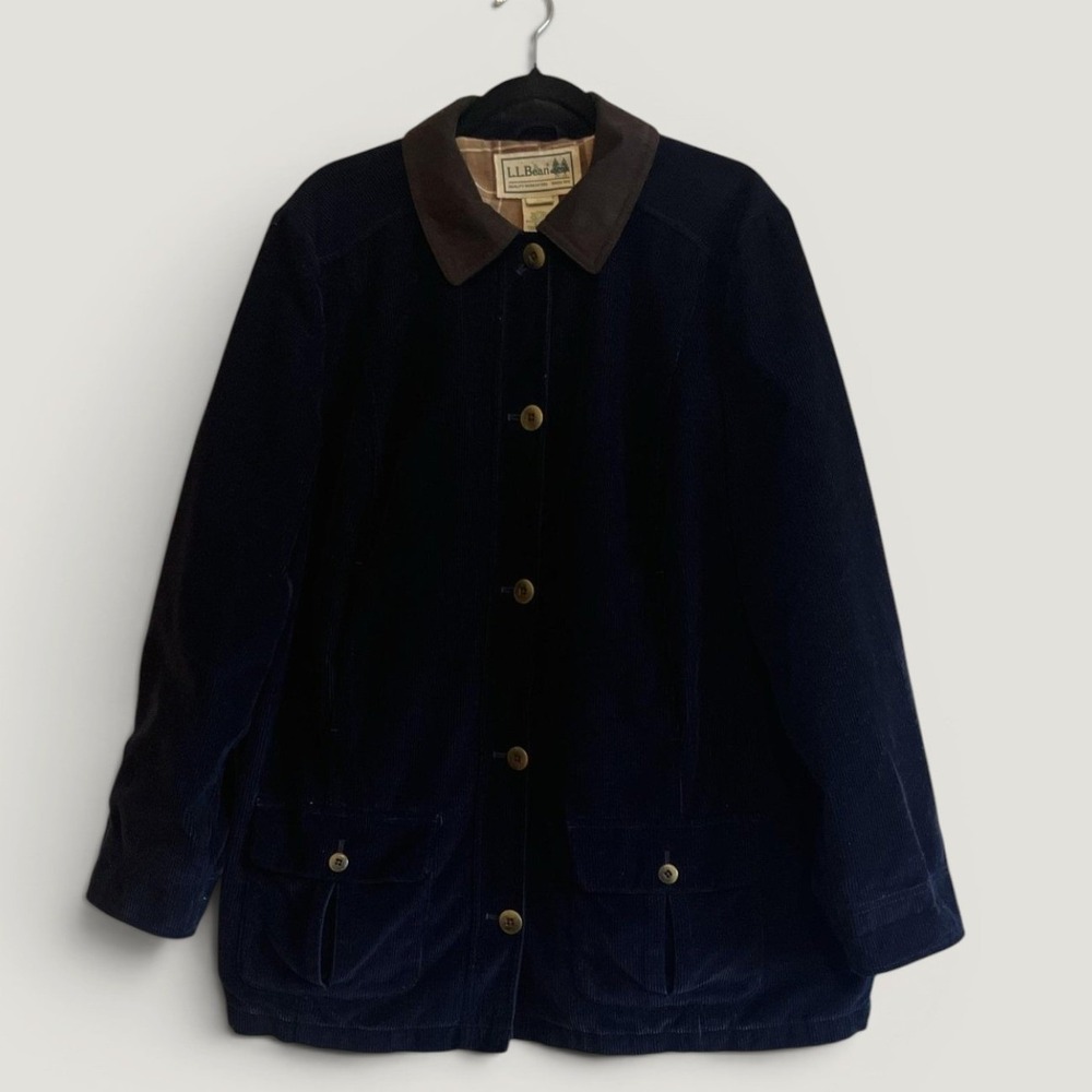 L.L.Bean Jacket Womens 1X Blue Corduroy Button Front Plaid Lined Coat Pockets